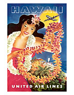 Hawaii, United Air Lines, Hawaiian Girl with Leis - Giclée Art Prints & Posters