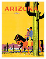 Arizona - Horse Riding, Saguaro Cactus, State Flower of Arizona - c. 1960's - Fine Art Prints & Posters