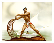 Hawaiian Net Fisherman with Outrigger - Fine Art Prints & Posters