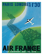 Paris to London (Londres) - In 1 Hour 30 Minutes - Eiffel Tower - c. 1946 - Fine Art Prints & Posters