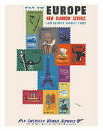 Fly to Europe - New Rainbow Service - Pan American World Airways - Stamps of European Countries - Philately - Fine Art Prints & Posters