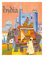 India - Regal Elephant with a Brightly Colored Howdah (Carriage) - Fine Art Prints & Posters