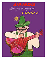 Air India - Offers you the Heart of Europe - Air India's Mascot Maharajah in Bavarian Lederhosen - Fine Art Prints & Posters