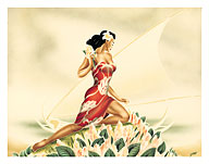 Wahine in Red, Hawaiian Woman with Outrigger Canoe - Fine Art Prints & Posters