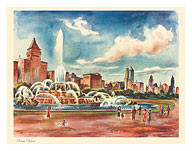 Chicago Skyline - Buckingham Fountain - United Air Lines Calendar Page - Fine Art Prints & Posters