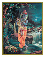 Lord Krishna The Enchanter - God of Love Playing his Flute - Fine Art Prints & Posters