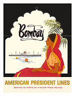 Bombay Mumbai India - Indian Woman in Red Sari - American President Lines - Fine Art Prints & Posters
