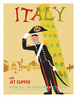 Italy via Jet Clipper - Pan American World Airways - Italian Carabinieri Policeman and the Leaning Tower of Pisa - Fine Art Prints & Posters