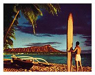 Outrigger & Diamond Head, Surfer, Oahu, Hawaii - Fine Art Prints & Posters