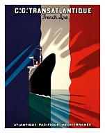 Atlantique Pacifique Méditerranée (Atlantic Pacific Mediterranean) - Compagnie Générale Transatlantique - French Line Flag - Giclée Art Prints & Posters