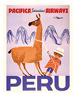 Peru - Pacifica International Airways - Native Boy with Llama - c. 1950's - Giclée Art Prints & Posters