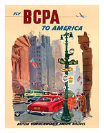 New York City - 5th Avenue and 42nd Street - Fly BCPA to America - British Commonwealth Pacific Airline - Fine Art Prints & Posters