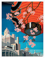 Tokyo, Japan - Red Paper Lantern with Cherry Blossoms - c. 1930's - Fine Art Prints & Posters