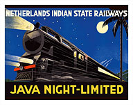 Java, Dutch East Indies - Java Night-Limited - Netherlands Indian State Railways - Train and Moon - Fine Art Prints & Posters