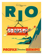 Rio de Janeiro, Brazil - Cable Car to Sugar Loaf Mountain - Pacifica International Airways - c. 1950's - Fine Art Prints & Posters