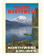 Pacific Northwest - Spirit Lake, Mount St. Helen - Canoe - Northwest Orient Airlines - c. 1973 - Giclée Art Prints & Posters