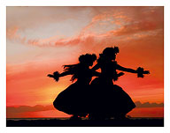 Hula Sisters, Hawaiian Hula Dancers at Sunset - Fine Art Prints & Posters