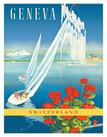 Geneva, Switzerland - Water Jet Fountain Lake Geneva - c. 1950 - Fine Art Prints & Posters