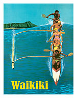 United Air Lines - Waikiki - Outrigger Canoe Surfing - Giclée Art Prints & Posters