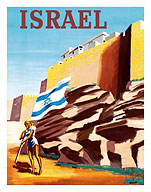 Israel - Zionist Heroic Girl Holding Israeli Flag - Walls of Jerusalem - Fine Art Prints & Posters