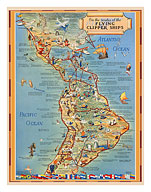 Pictorial Map of North & South America - Flying Clipper Ships Routes - Pan American World Airways - Giclée Art Prints & Posters