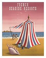 French Seaside Resorts - Beach Tent and Conch Shell - Fine Art Prints & Posters