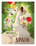 Spain - Spanish Dancer with Fountain and Birds - Fine Art Prints & Posters