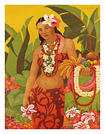 Lei Vendor - Hawaiian Girl with Basket - Menu Cover Shangri-La Restaurant - c. 1950 - Fine Art Prints & Posters