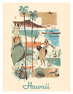 Hawaii - Kamehameha Statue - Hawaiian Hula - Pan American World Airways - c. 1960's - Giclée Art Prints & Posters