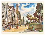 The Lions of Michigan Avenue - Chicago, Illinois - c. 1949 - Giclée Art Prints & Posters