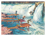 Celilo Falls, Columbia River, Pacific Northwest - Dipnet Fishing - United Air Lines - c. 1952 - Giclée Art Prints & Posters