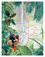 Baby See Waterfall (Nānā Ka Pēpē I Ka Wailele) - Hawaiian Mother and Child - Fine Art Prints & Posters