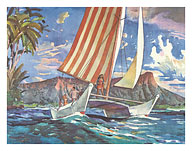 Waikiki, Hawaii - Catamaran Sailing - United Air Lines - c. 1950's - Fine Art Prints & Posters
