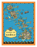 Summer Fun in Hawaii Map - Hawaii Tourist Bureau - Vintage Pictorial Map c.1930's - Fine Art Prints & Posters