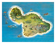 The Island of Maui Hawaii - Pictorial Map c.1962 - Giclée Art Prints & Posters