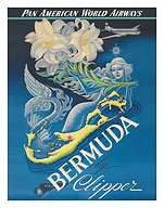 Bermuda by Clipper - Pan American World Airways - Mermaid with Lily Flowers - c. 1947 - Fine Art Prints & Posters