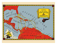 Routes of the Famous Flying Clipper Ships - Caribbean Area Map - Pan American Airways System - c. 1930 - Fine Art Prints & Posters