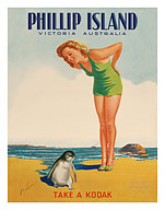 Phillip Island - Victoria, Australia - Take a Kodak - Bathing Beauty with Penguin - Victorian Railways - c. 1930 - Fine Art Prints & Posters