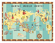 Qantas Empire Airways - World Routes Map - c. 1950 - Giclée Art Prints & Posters