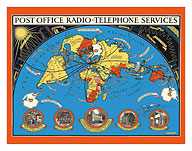Post Office - International Radio Telephone Services - World Map - c. 1935 - Fine Art Prints & Posters