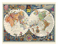 World Air Routes - TAI Airline - Transport Aeriens Intercontinentaux - c. 1960 - Giclée Art Prints & Posters