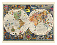 Double Hemisphere Route Map - TAI Airline - c. 1948 - Giclée Art Prints & Posters