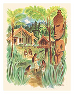 New Zealand - Māori Village - Matson Line Menu Cover - c. 1960's - Fine Art Prints & Posters