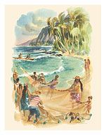 Hawaii - Ancient Hawaiian Hukilau Fishing - Matson Menu Cover - c. 1960's - Giclée Art Prints & Posters