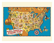 Walt Disney’s Mickey and Donald’s Race to Treasure Island - U.S. Map - c. 1939 - Giclée Art Prints & Posters
