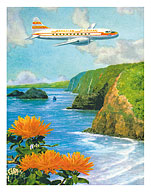 Hawaiian Airlines, Convair 340 Flying over Cliffs of Pololu Valley, Hawaii - Fine Art Prints & Posters
