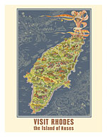 Visit Rhodes Greece - The Island of Roses - Vintage Pictorial Map c.1935 - Fine Art Prints & Posters