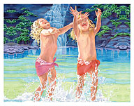 Splash! (E Pakī!) - Hawaiian Children at Waterfall - Fine Art Prints & Posters