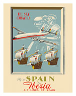 Fly to Spain - by Iberia Air Lines of Spain - Christopher Columbus - c. 1950's - Fine Art Prints & Posters