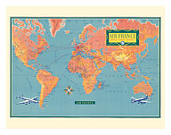 World Route Map - Planisphere - Vickers Viscount - Super Constellation - c. 1956 - Giclée Art Prints & Posters